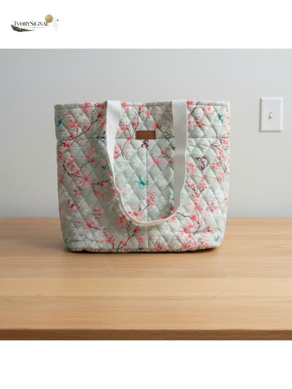 Quilted Cotton Tote Bag with Zipper Pockets & Pouch